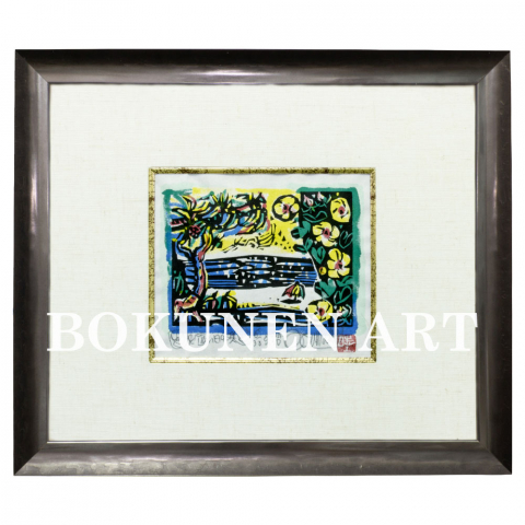 遠い日の浜　木版画|