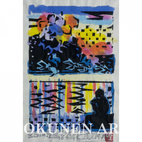 赤い水面　木版画|