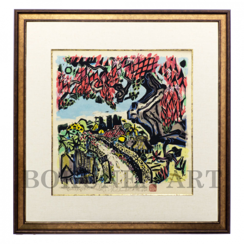 梯梧咲く　木版画|