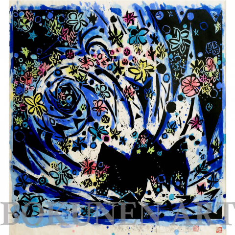 波の花　木版画|