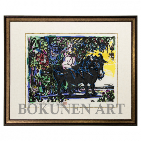 杜を出る牡牛　木版画|