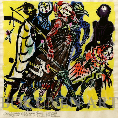 万象連鎖百十三「行進」　木版画|