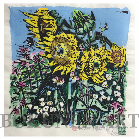 天気がよくて　木版画|