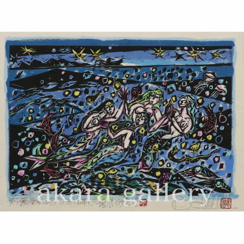 人魚夜話6「ひそやかな踊り」　木版画|