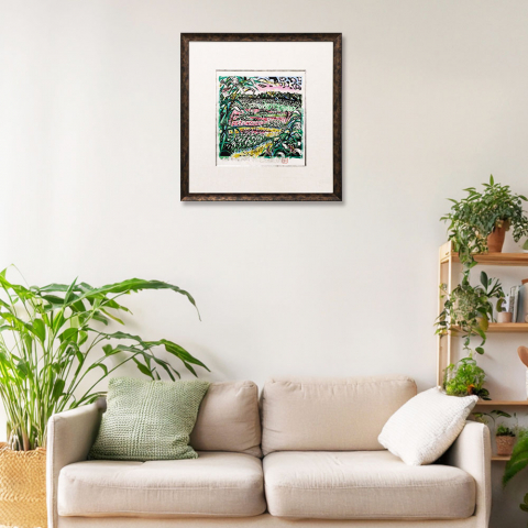 すすき野の夕風　木版画|